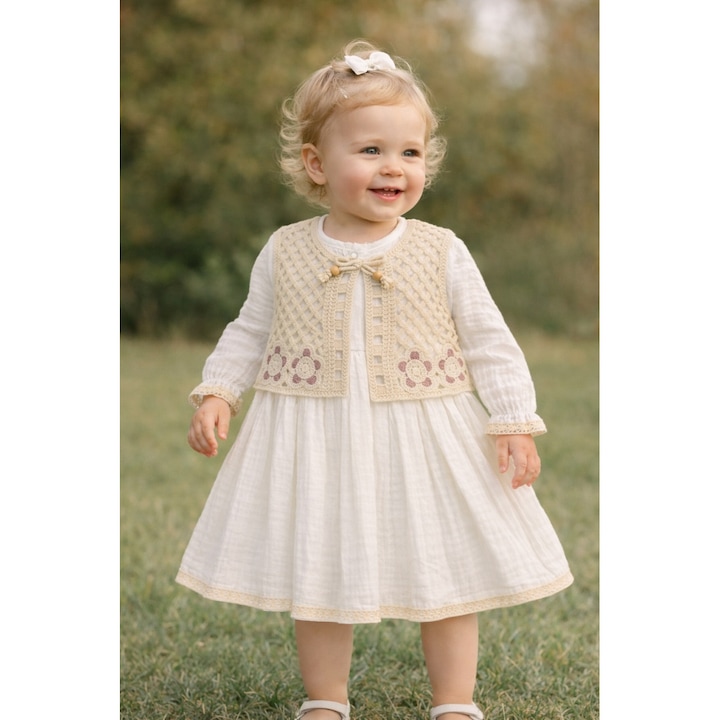 Rochie fetita alba din muselina eleganta cu vesta tricotata stil boho