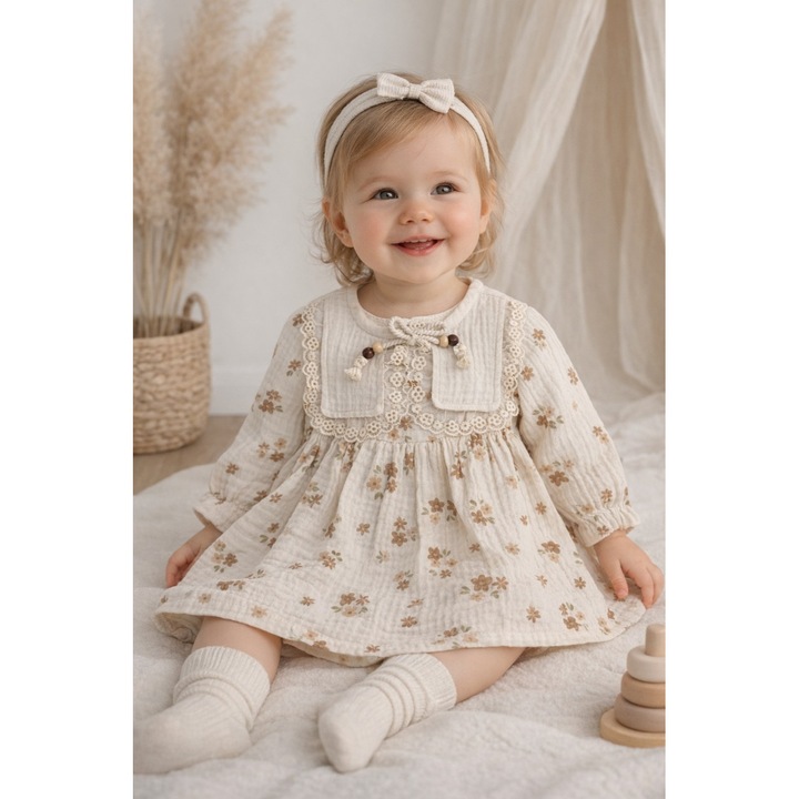 Rochie muselina fetita bej cu flori maro dantela stil vintage boho elegant