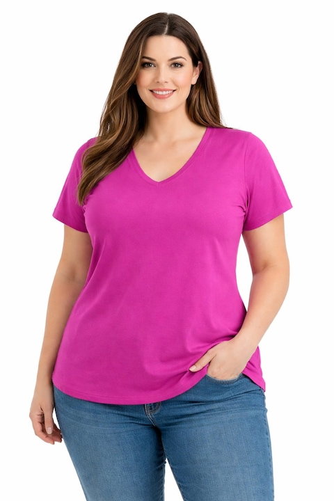 Tricou Dama Simplu Bumbac 100% , Guler V , Croiala lejera , FABRICAT IN ROMANIA , ADIBIALEX, Roz