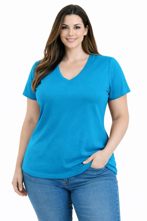 Tricou Dama Simplu Bumbac 100% , Guler V , Croiala lejera , FABRICAT IN ROMANIA , ADIBIALEX, Albastru