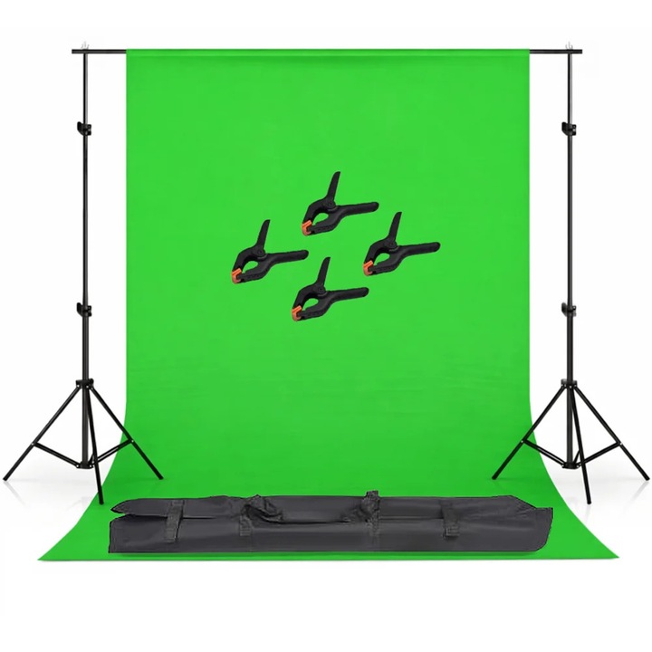 Kit studio suport fundal reglabil, Dactylion, 2x3m, verde, suport aluminiu, 4 clesti de suport, geanta de transport