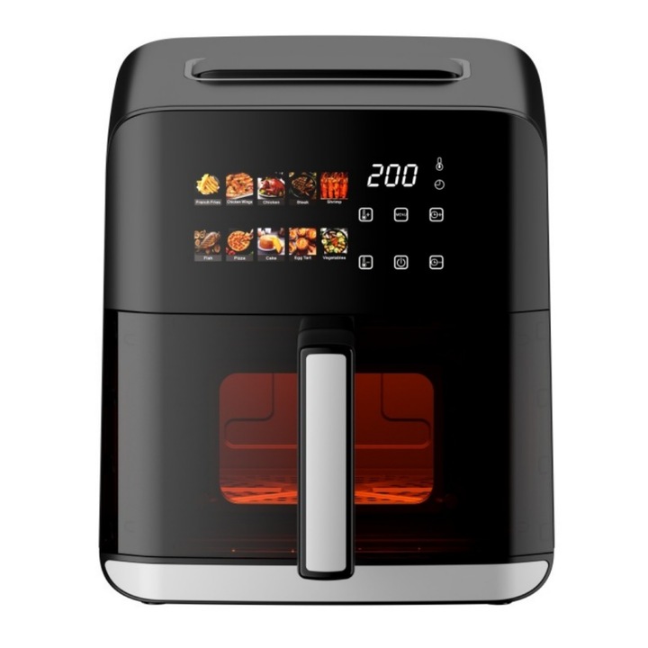 Фритюрник с горещ въздух Oliver Voltz OV51980CE, 1800W, 4 л, 80-200°C, 10 програми, Таймер, Прозорец, LED, Черен