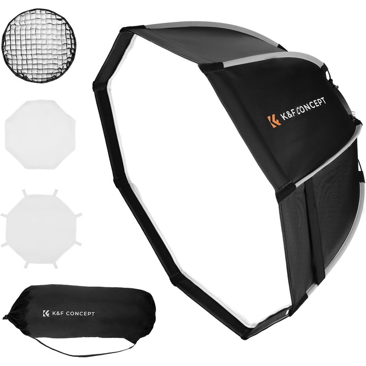 Softbox Parabolic K&F Concept 55cm, Montura Bowens, Deschidere Rapidă, Inclusă Geantă de Transport