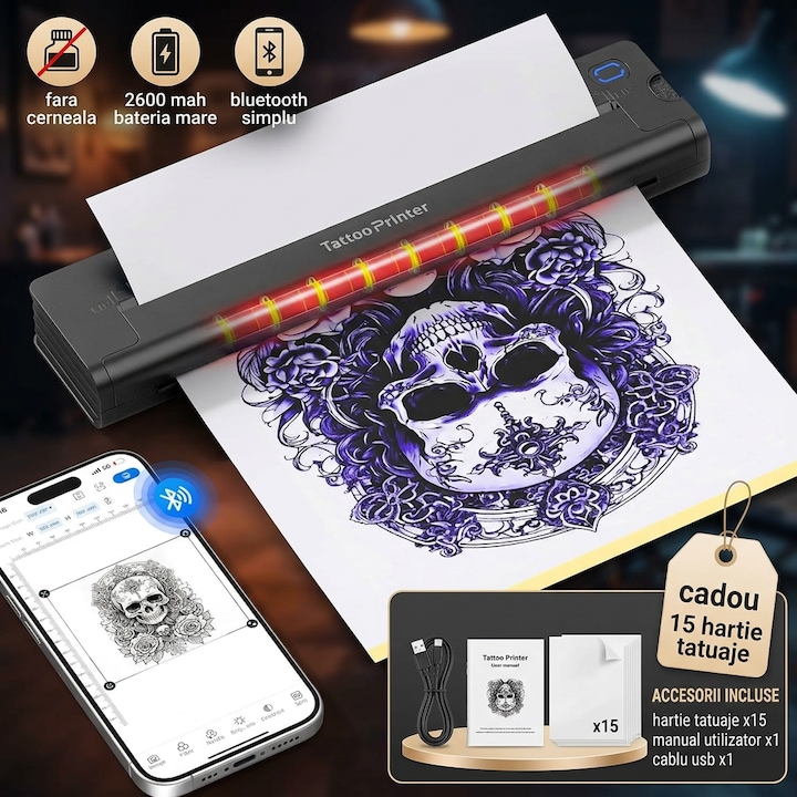 Excitat® Imprimanta Termica Tatuaje A41, Wireless Bluetooth, 203 DPI HD, Acumulator 2600mAh, Portabila, Fara Cerneala, Transfer Stencil Profesional, Compatibil iOS/Android/PC, Aplicatie Editare, Negru