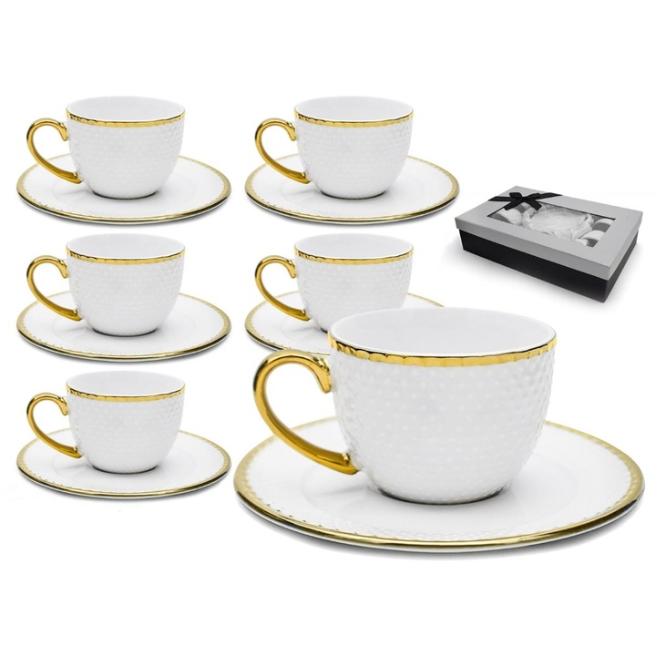 Cesti de 280 ml cu farfurioare pentru cafea si ceai pentru 6 persoane, set de cafea cu accent auriu Tragar