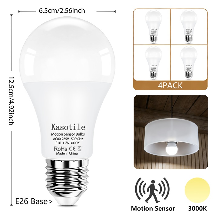 Bec cu senzor de miscare radar de 12 W, se aprinde automat la apus si se stinge la rasarit, soclu E26, echivalent cu un bec incandescent de 80 W, 800 lumeni, lumina alba calda de 3000 K, potrivit pentru verande, garaje, coridoare, scari etc