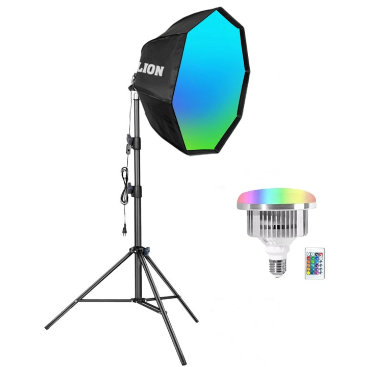 Softbox octogonal 65cm cu bec RGB 45W E27, stand reglabil 200cm si husa transport, Dactylion®