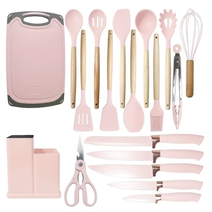 Set premium 19 piese ustensile bucatarie - silicon roz & inox, rezistente la caldura, unelte antiaderente, set cutite profesional cu tocator & suport organizator