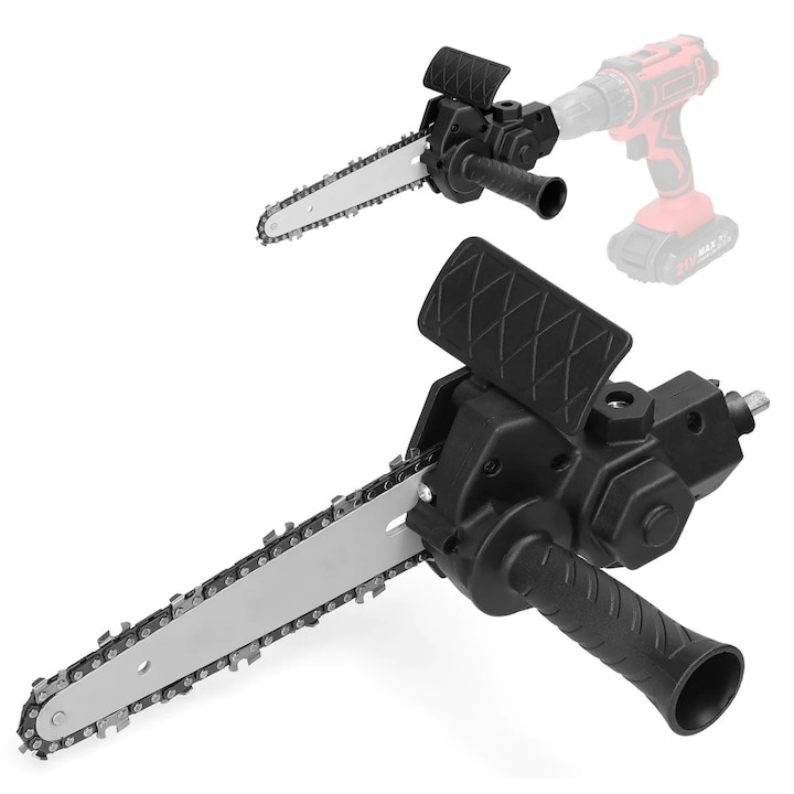 Adaptor mini drujba pentru bormasina electrica - lant 6 inch cu lama ghidaj 15 cm, kit conversie taiere lemn, maner reglabil pentru DIY & gradina