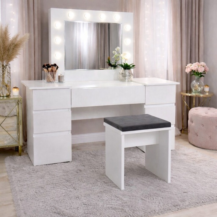 Тоалетка/маса за гримиране, Antonia + табуретка, бяла, с огледало и LED осветление, 155x42x135 см