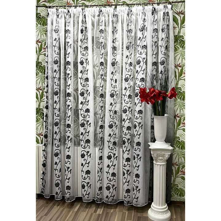 Perdea brodata mecanic, culoare alb/negru, din colectia "Lallely" by Liz Line, 600x230cm, cu rejansa PD2086