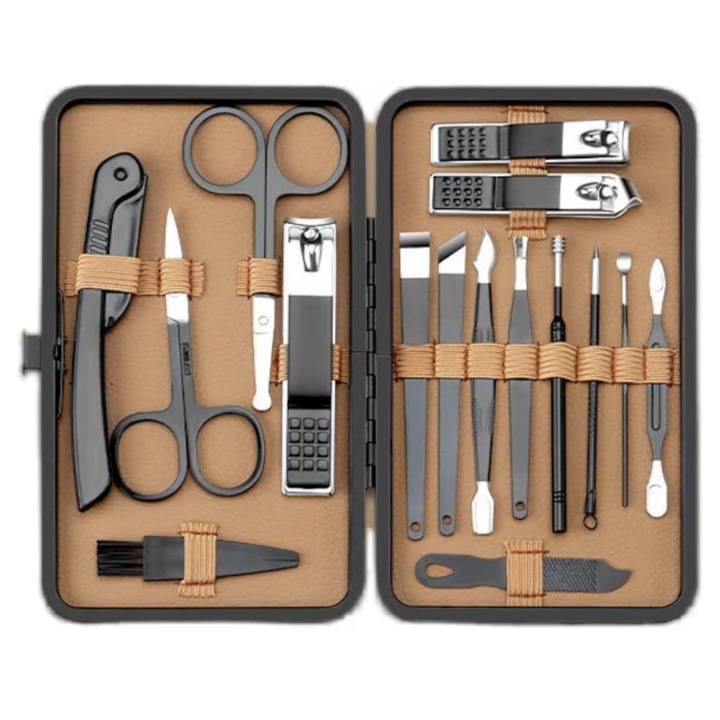 Set manichiura profesional 16 piese cu husa, trusa ingrijire unghii inox, kit complet pedichiura unisex