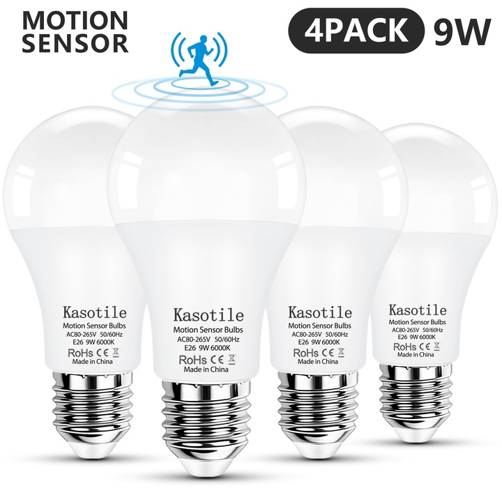 Set de patru becuri LED cu senzor de miscare, 9 W (echivalentul a 60 W), soclu E26, lumina alba rece de 6000 K, cu senzori infrarosii inteligenti, alimentare cu curent alternativ de 80-265 V. Iluminat activat de miscare, potrivit pentru coridoare, scari