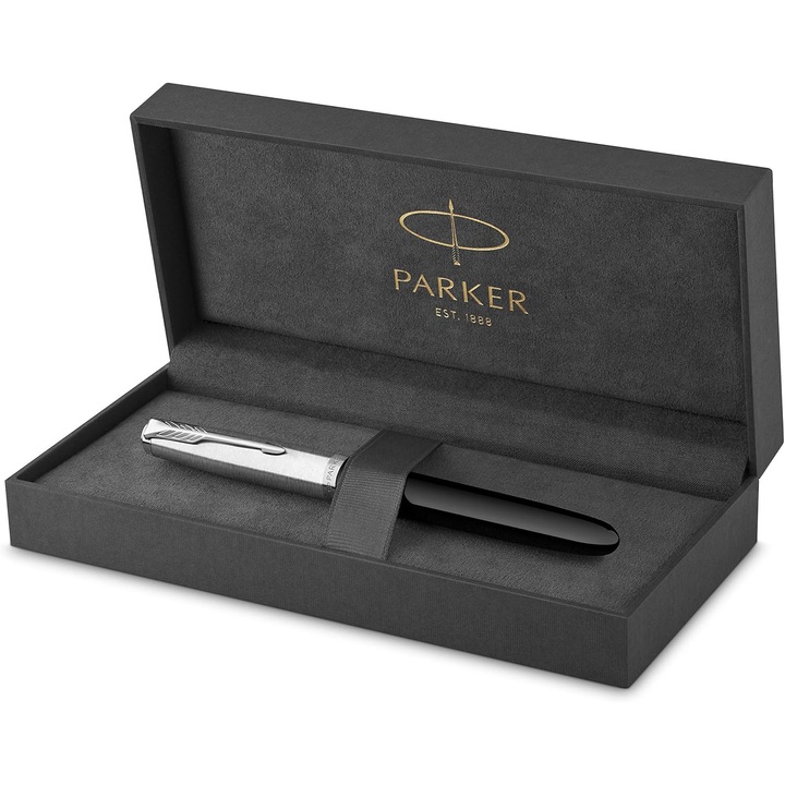 Parker 51 töltőtoll, Fényes fekete, Króm díszítések, Finom hegy