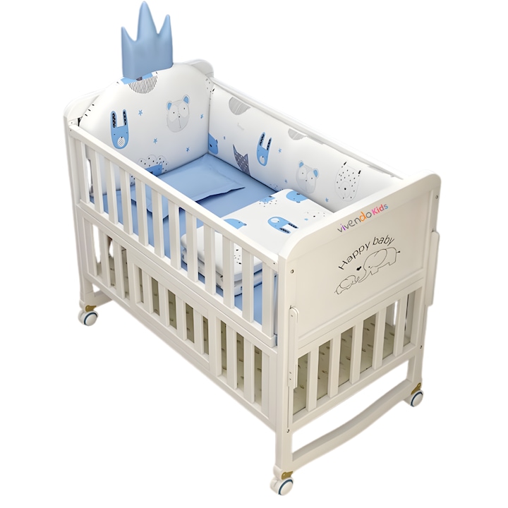 Patut bebe din lemn alb Vivendo® Kids, set complet cu saltea, pilota, covoras si plasa de tantari, multifunctional, 118x68 cm