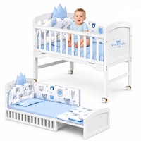 Patut Bebe Din Lemn Alb, Vivendo® Kids, Patut Copil Multifunctional 5 In 1 Co-Sleeping, Extensibil 118-164 cm, Reglabil Pe 3 Niveluri, Set Complet Cu Saltea, Pilota, Perne Protectie, Plasa De Tantari, Cu Roti Si Raft Depozitare, 0 Luni-8 Ani