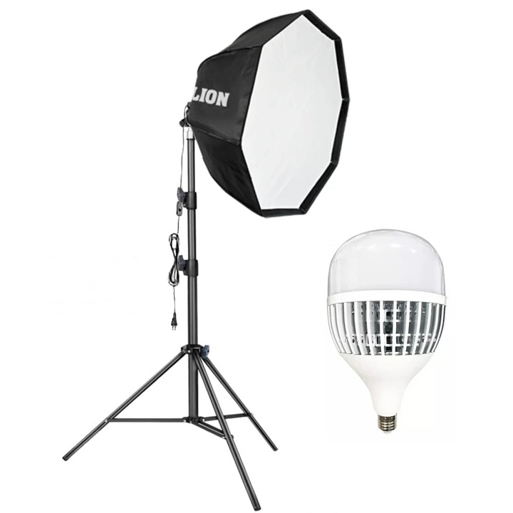 Softbox octogonal pliabil cu LED 6400K E27 si stand reglabil 200cm pentru iluminare foto video, husa transport, Dactylion®