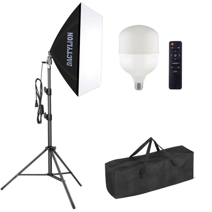 Kit 1 softbox, reglabil pana la 200cm, bec LED 120w cu telecomanda, si husa transport, Dactylion®