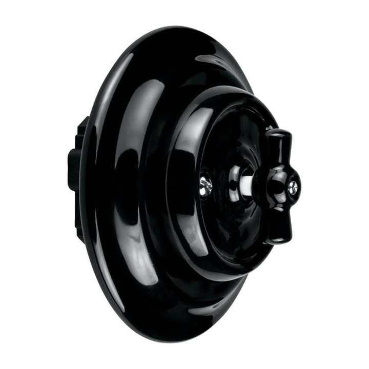 Intrerupator Rotativ Rotund Cruce din Ceramica Retro Incastrat cu Rama NEGRU Interior IP20 Ø10, 1 x 3, 6cm DPM