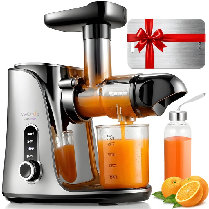 Storcator Multifunctional JuiceMAX cu Presare la Rece – Motor DC 150W, 110 RPM, Corp Inox, Functie Reverse, pentru Fructe, Legume si Frunze Verzi