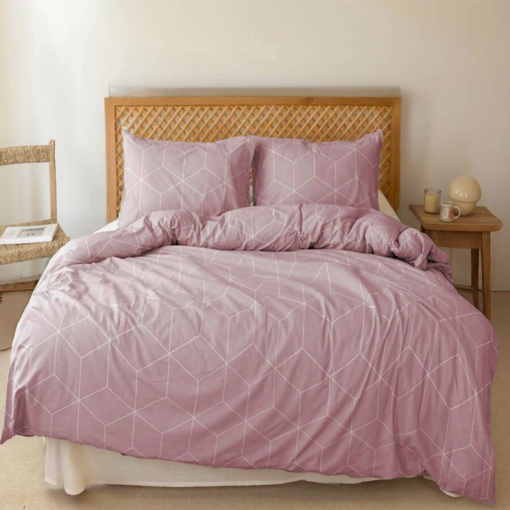 Dupla ágynemű, 100% pamut ranforce, 240x260 cm, 4 részes, Bahar Tekstil, South Ballet (Rózsaszín) geometriai