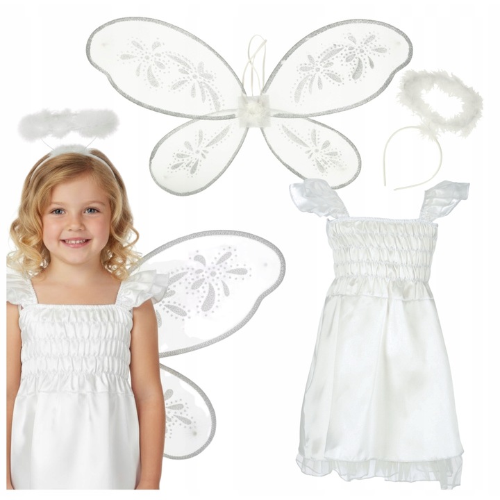 Costum inger pentru fetite 3 piese, Zola, 110–120 cm, 3 piese, rochie, aripi si coronita