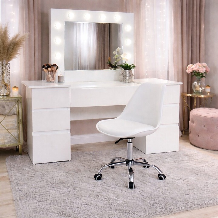 Тоалетка/гримьорна маса, Антония + стол Алба, бяла, с огледало и LED осветление, 155x42x135 см