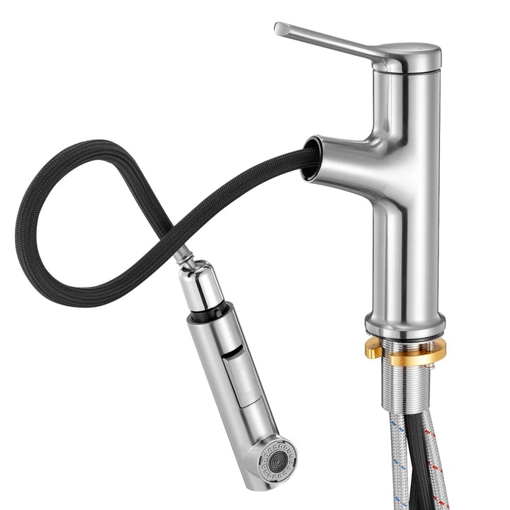 Baterie Chiuveta Extractibila Premium din Otel Inoxidabil, Finisaj Nichel Periat, Rotire 360°, Dus Extensibil cu 2 Functii, Monocomanda, Montaj Rapid – Ideala pentru Bucatarie si Baie