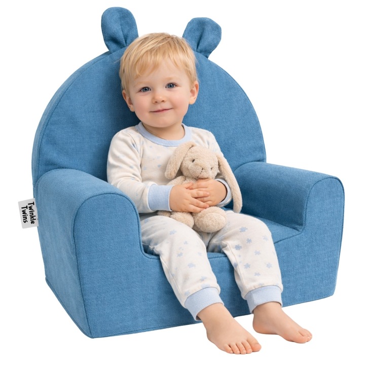 Fotoliu pentru copii Twinkle Twins, microfibra, umplutura din spuma, husa detasabila si lavabila, turcoaz