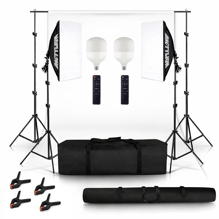Set studio iluminare cu 2 softbox, 2 becuri 150W, white screen, clame de panza, geanta transport