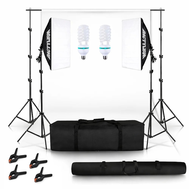 Kit profesional iluminare foto video 2x145W cu softbox si fundal alb, set complet pentru studio, produs, portret si livestream, Dactylion®