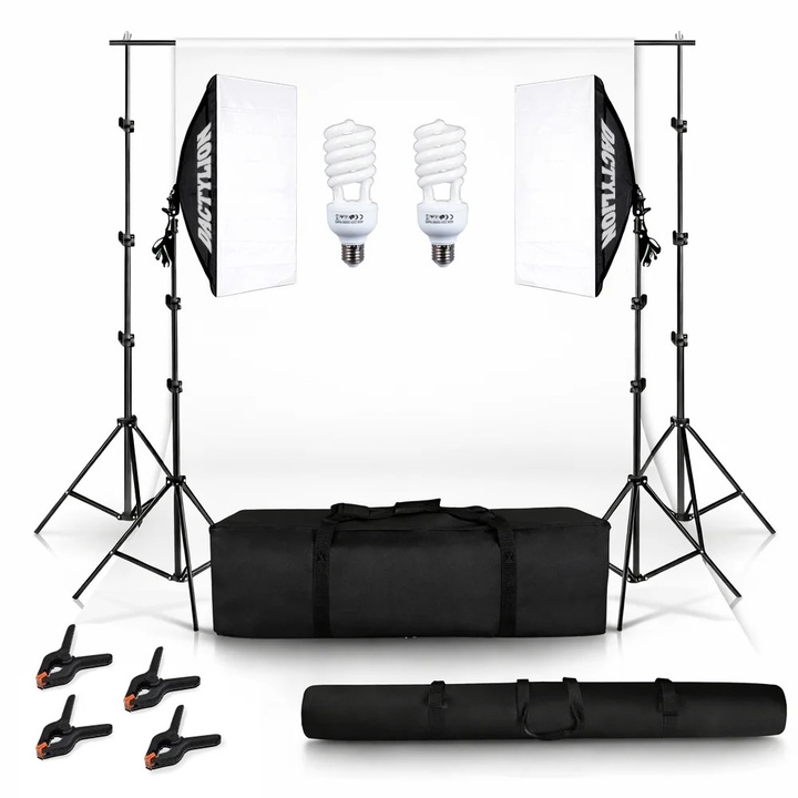 Set studio iluminare cu 2 softbox, 2 becuri fluorescente 45W, fundal alb, geantă transport