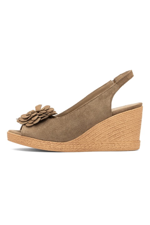 RYŁKO, Sandale din piele cu bareta slingback talpa wedge si aplicatie florala Gwen, Bej inchis