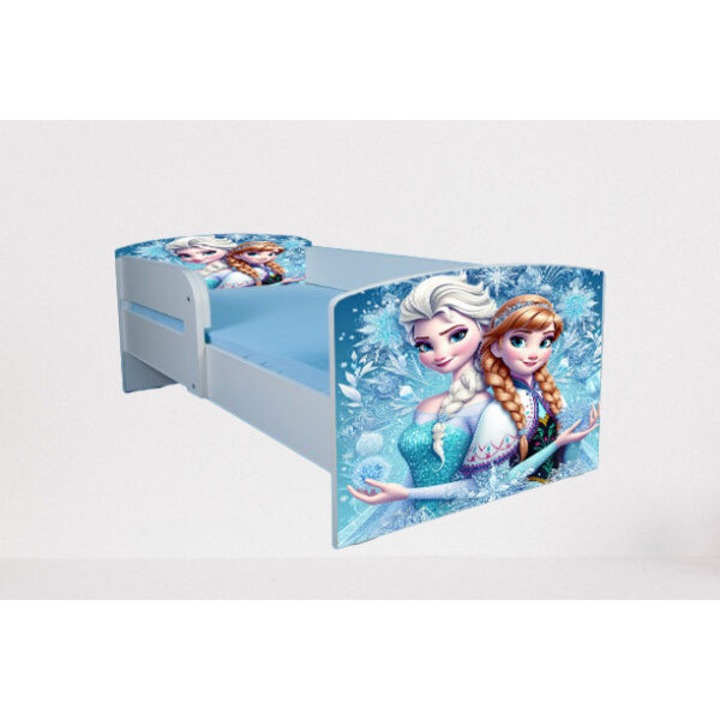 Pat copii Elsa si Ana, alb, 130x60 cm, cu saltea Safe Nest 6 cm, cu protectie