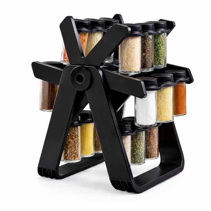 Въртяща се поставка за подправки с 18 буркана по 100 мл, кухненски органайзер на 360°, спестяващ място, модерен черен дизайн