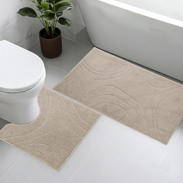 Set covorase DarianA Joy 57x100 + 57x50 bej cu decupaj geometric antiderapant, lavabil, ideal pentru baie