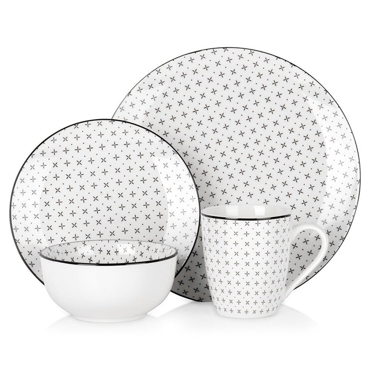 Set de cina din portelan Lisbon, 16 piese, farfurii si cesti pentru 4 persoane, farfurii albe si negre
