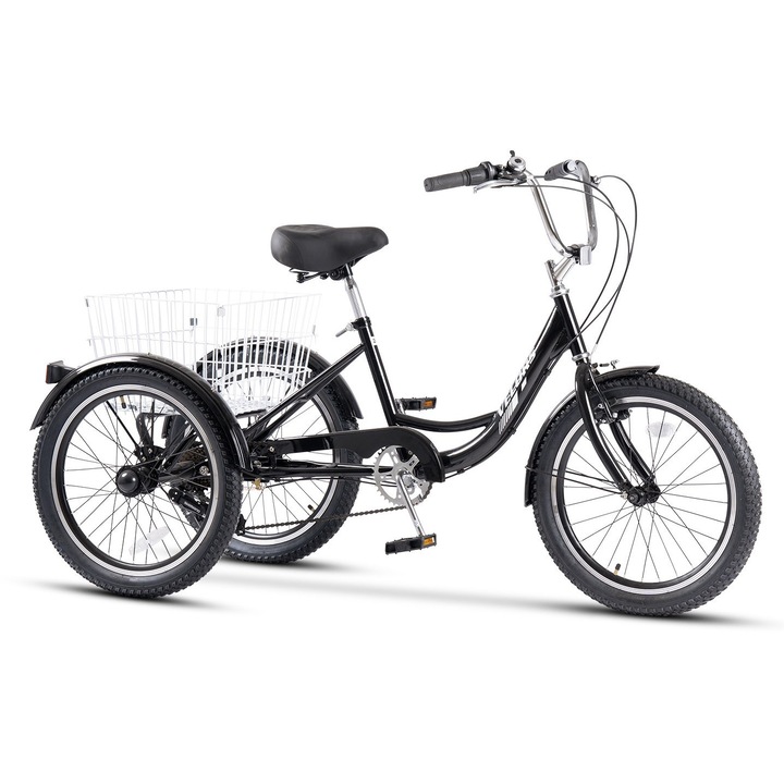 Triciclu pentru oras, cadru dama/barbat, Senior MTB JSX20618, roata 20 inch, frana tip V-Brake fata, frana Tambur spate, transmisie Shimano 7 viteze, negru cu alb