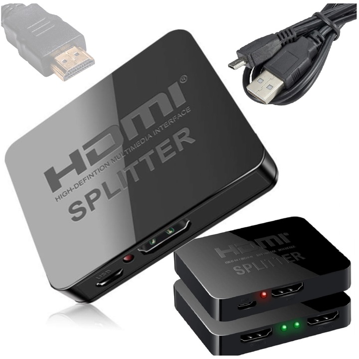 Splitter HDMI 1x2 Arthon, 4Kx2K, 2x HDMI, negru, 72x49x14mm, set cu cablu de alimentare USB