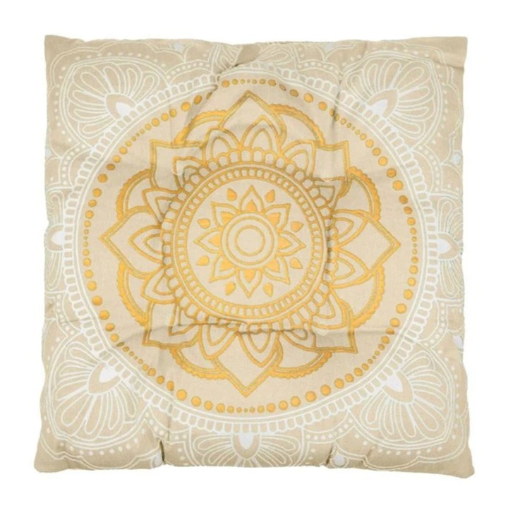 Perna pentru scaun, decorativa, model mandala, ecru/alb/auriu, 42x42x7cm