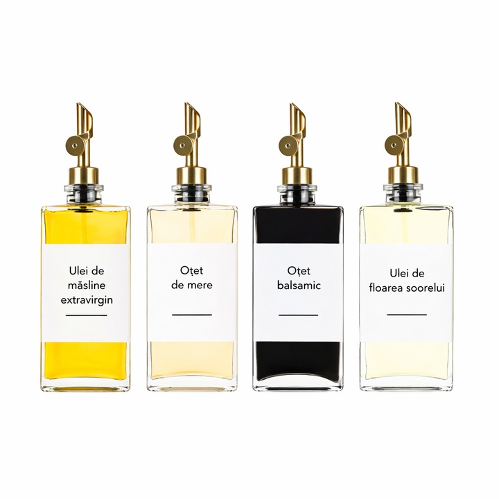 Set 4 Sticle Dozatoare / Oliviere din Sticla 350 ml, cu Picurator Auriu Anti-Picurare, pentru Ulei, Otet, Siropuri si Dressinguri, Forma Patrata, Etichete Incluse