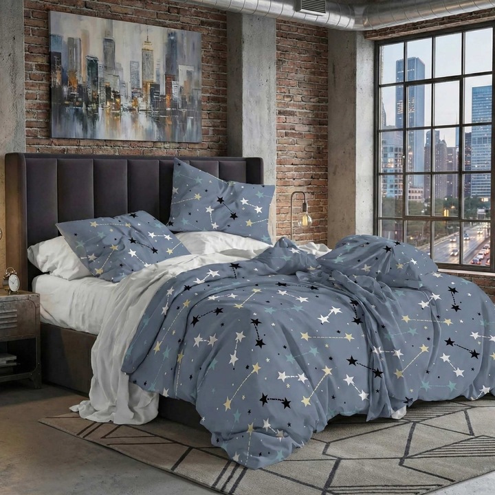 Lenjerie pat bumbac Finet 6 piese PROMO cu husa saltea 160x200 sau 180x200 cm, pilota 200x220 cm, 2 fete perna 50x70 si 70x70 cm, Gri Antracit, Pucioasa