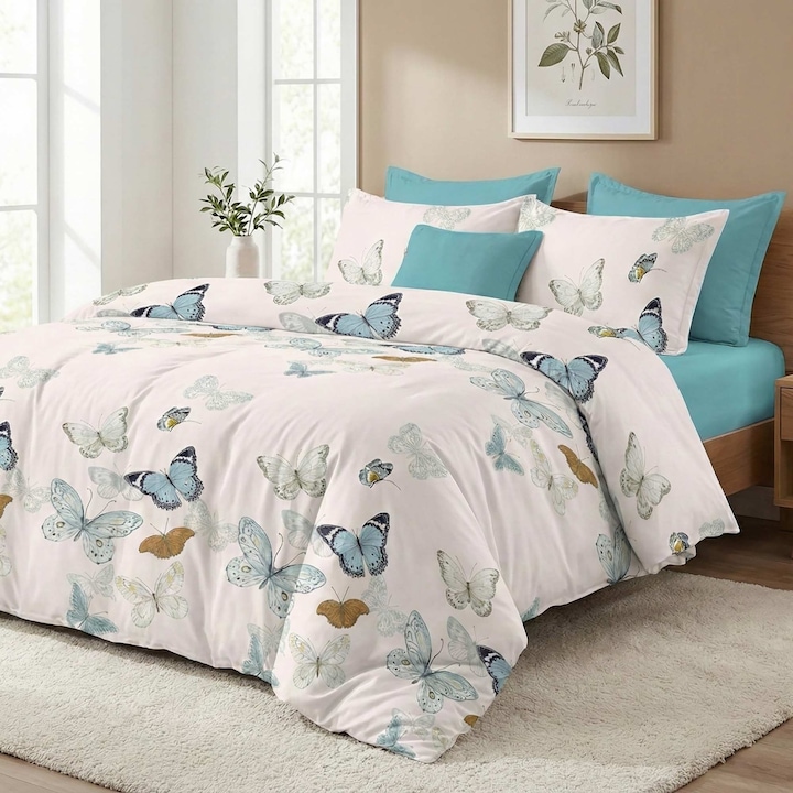 Lenjerie pat bumbac Finet 6 piese PROMO cu husa saltea 160x200 sau 180x200 cm, pilota 200x220 cm, 2 fete perna 50x70 si 70x70 cm, Alb / Bleu, Pucioasa