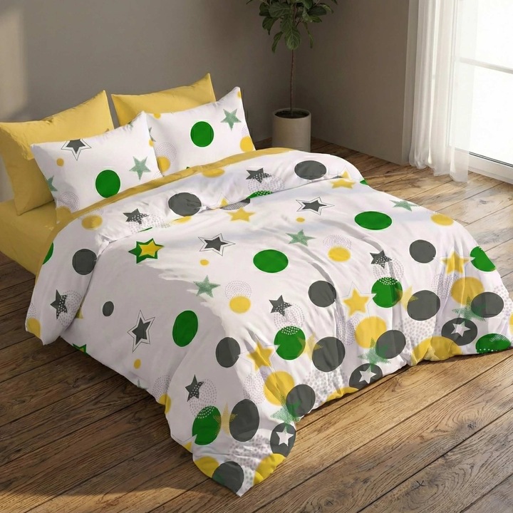 Finet pamut ágynemű 6 részes PROMO matrachuzattal 160x200 vagy 180x200 cm, paplan 200x220 cm, 2 párnahuzat 50x70 és 70x70 cm, sárga / zöld, Pucioasa