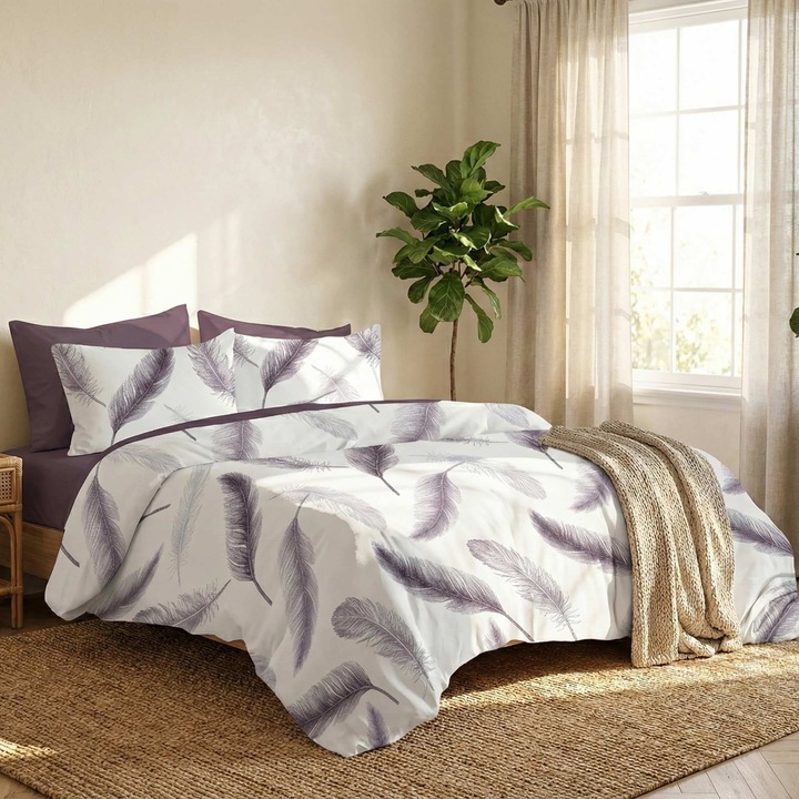 Lenjerie pat bumbac Finet 6 piese PROMO cu husa saltea 160x200 sau 180x200 cm, pilota 200x220 cm, 2 fete perna 50x70 si 70x70 cm, Alb / Mov, Pucioasa
