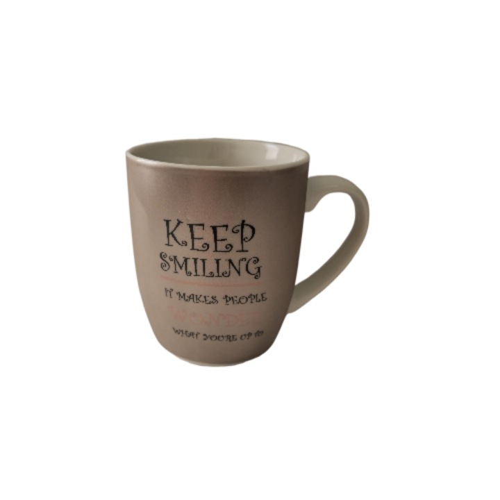 Чаша, 360 мл, Бяло/Кафяво, Съобщение „Продължавай да се усмихваш“