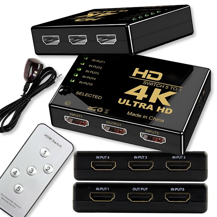 Switch HDMI 5x1, Arthon, 5 intrari, 1 iesire, 1080p, cu telecomanda
