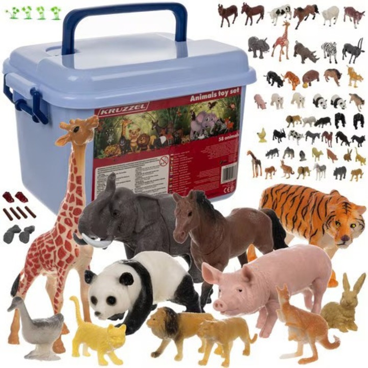 Set figurine animale domestice și sălbatice 48 buc, cu 14 elemente decorative, AB HOMES, multicolor, 28x20x18 cm
