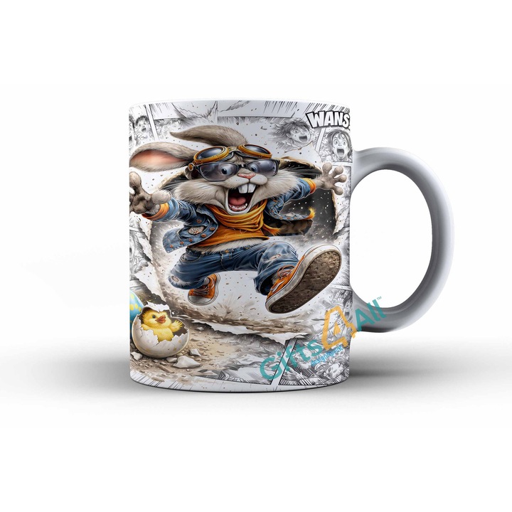 Cana Paste Iepuras 2” – cana ceramica 330 ml, model iepuras amuzant, cadou haios