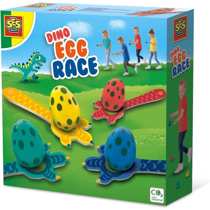 Set Joc Creativ SES Dino Egg Run, 4 lingurite si 4 oua dinozaur, exterior, lemn, pentru baieti